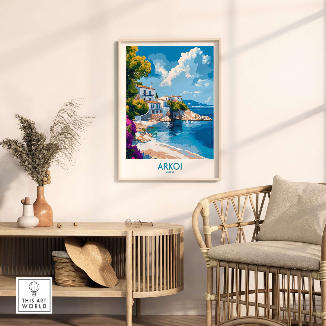 Arkoi Greece poster showcasing vibrant coastal scene, framed on a wall in a stylish living room setting.