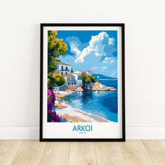 Arkoi Greece Poster showcasing vibrant coastal scenery and charming architecture, ideal for home decor.