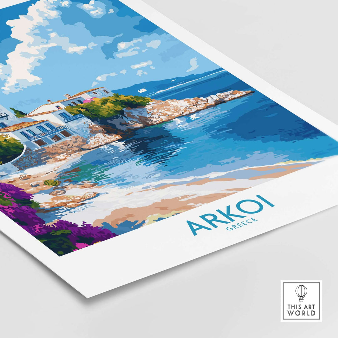 Vibrant Arkoi Greece poster featuring serene beach scene, colorful houses, and clear blue waters, perfect for home decor.