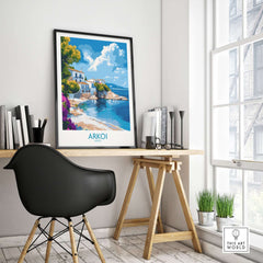 Arkoi Greece Poster displayed in a bright home office, showcasing vibrant Mediterranean scenery.