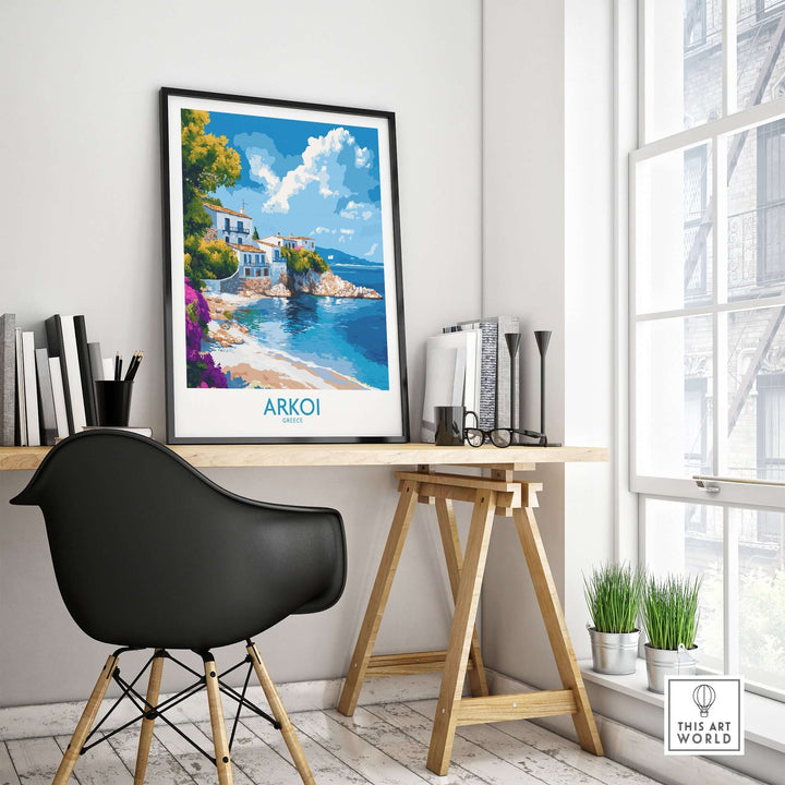 Arkoi Greece poster in a stylish home office, showcasing vibrant colors and serene island scenery.