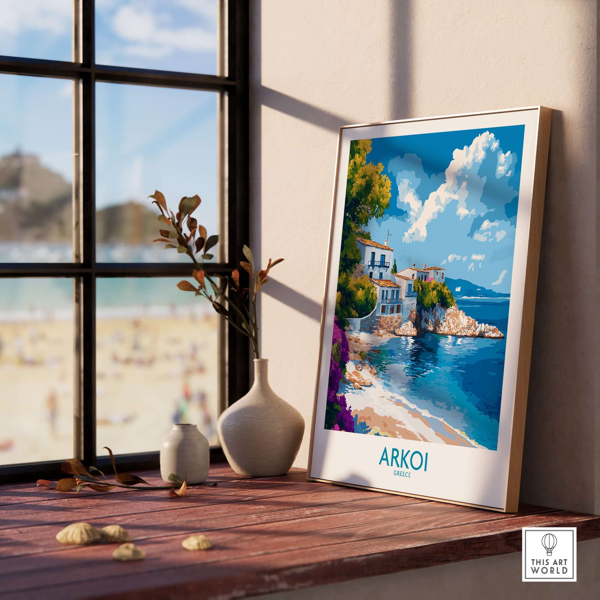Arkoi Greece Poster displayed on a windowsill with a view of the beach, showcasing vibrant colors and Mediterranean charm.