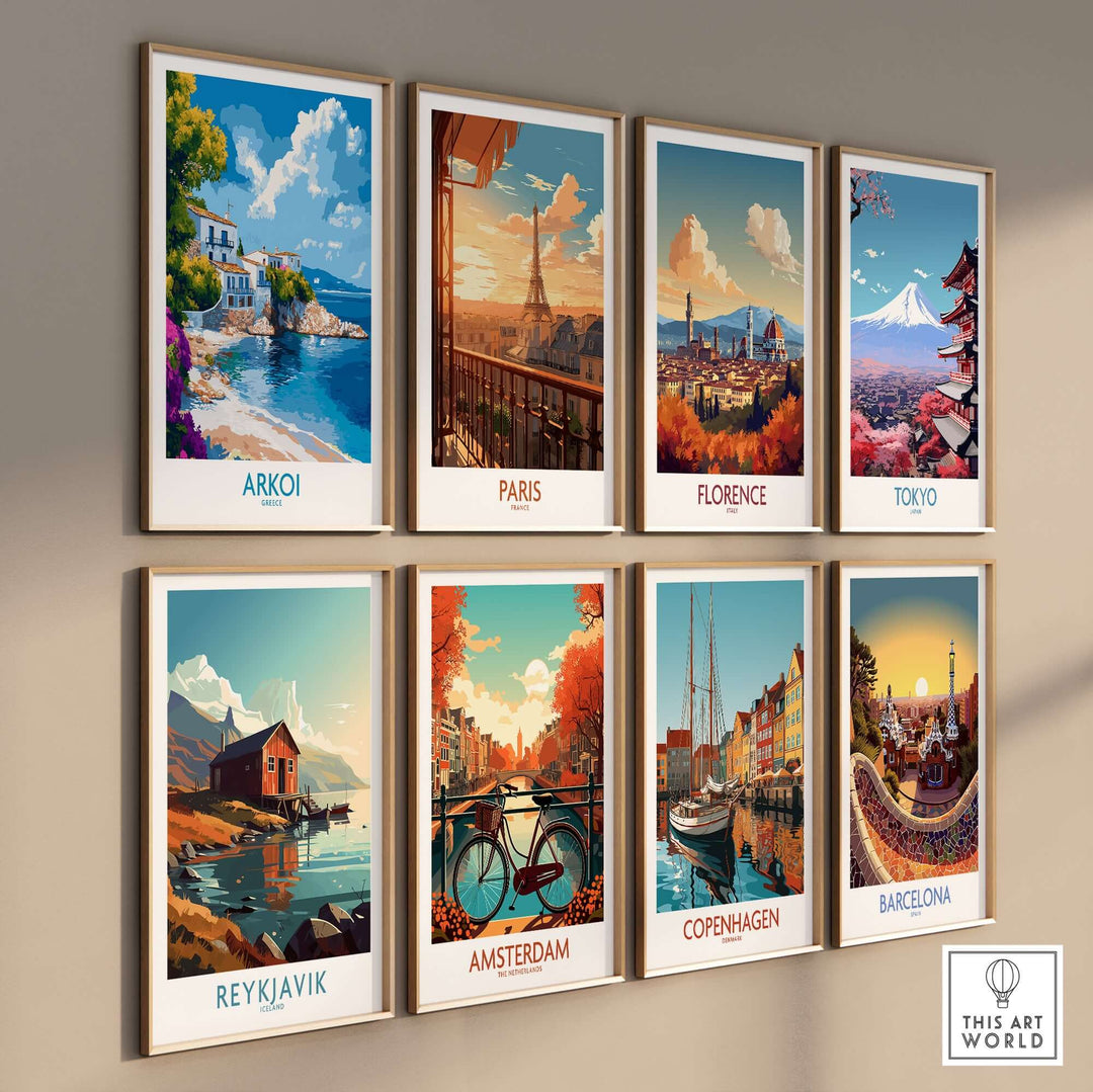 Collection of vibrant travel posters including Arkoi, Paris, Florence, Tokyo, Reykjavik, Amsterdam, Copenhagen, and Barcelona.