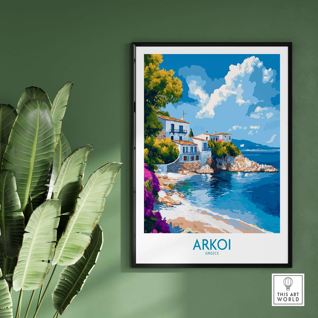 Arkoi Greece poster showcasing vibrant coastal scenery and Mediterranean charm in a modern home setting.