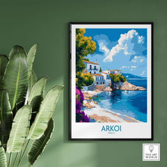 Arkoi Greece Poster showcasing vibrant colors and Mediterranean scenery in a stylish home setting.