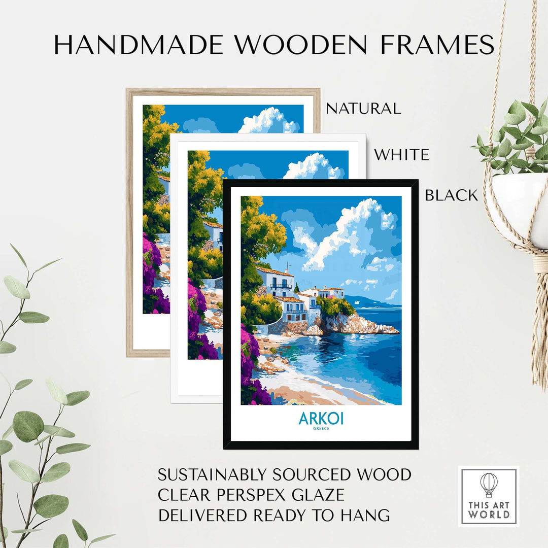 Handmade wooden frames in natural, white, and black for Arkoi Greece poster, showcasing sustainable materials and ready to hang design.