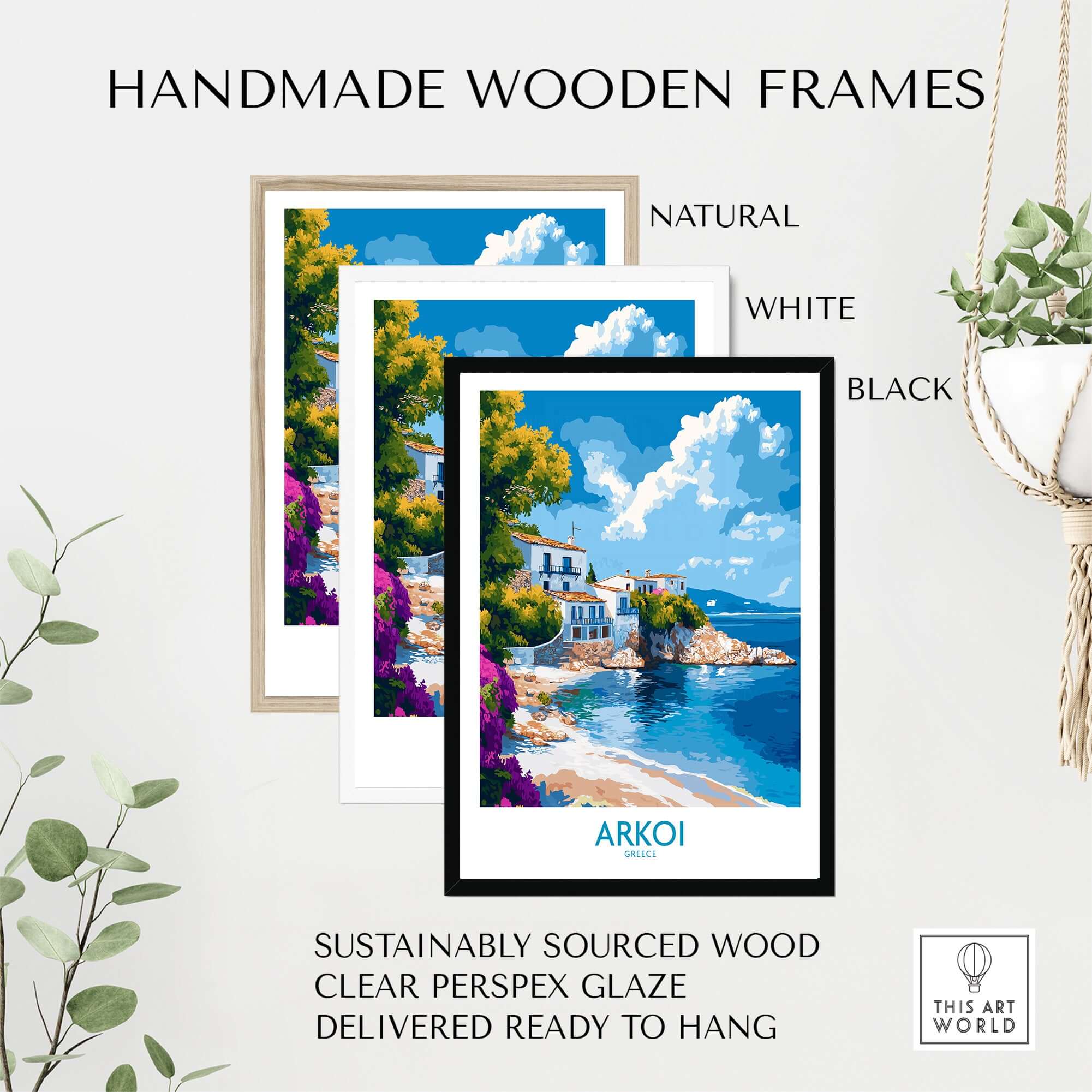 Arkoi Greece Poster in handmade wooden frames available in natural, white, and black styles.