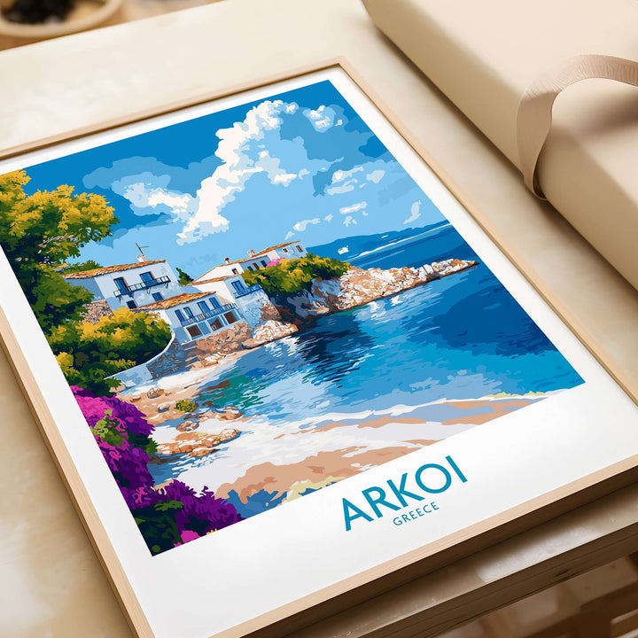 Arkoi Greece poster showcasing a serene beach scene with vibrant colors and Mediterranean charm. Perfect for home decor.