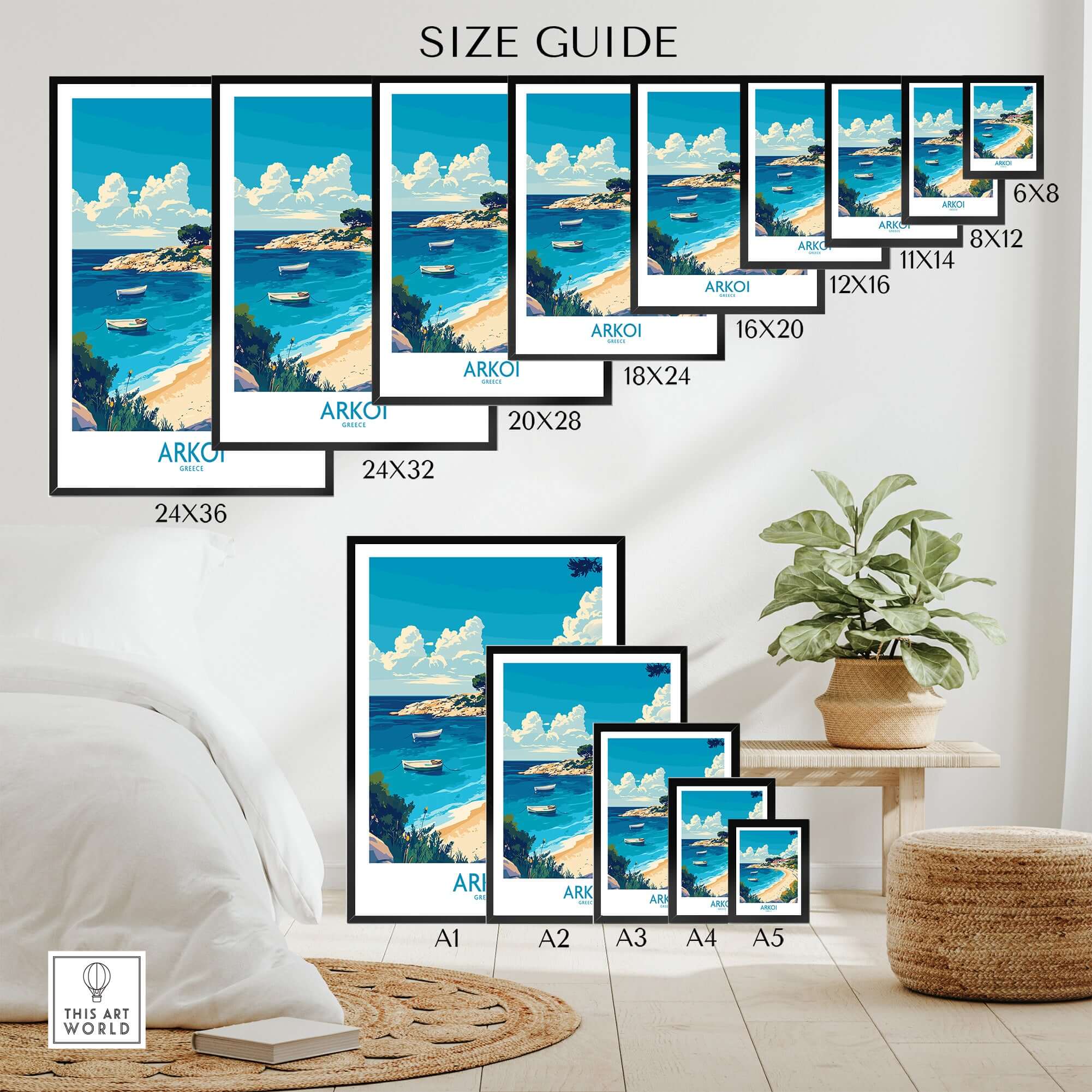 Arkoi Greece Travel Poster size guide showing various dimensions and layout options in a home setting.