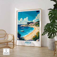 Arkoi Greece Travel Poster showcasing a beautiful beach scene with vibrant colors and details in a stylish home setting.