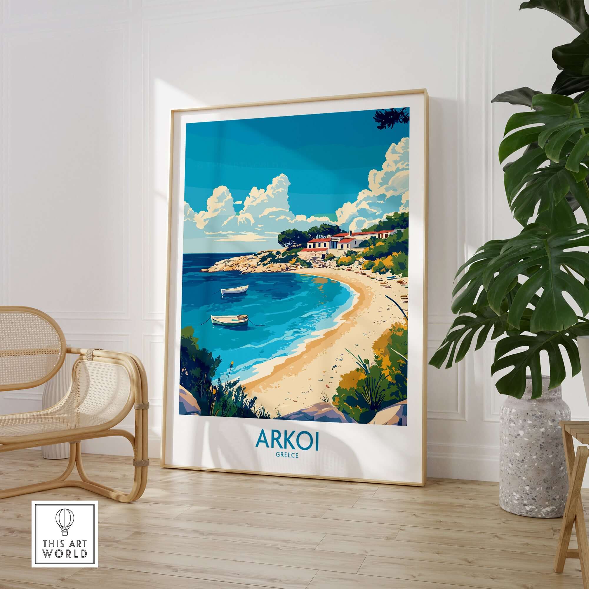 Arkoi Greece Travel Poster showcasing a beautiful beach scene with vibrant colors and details in a stylish home setting.