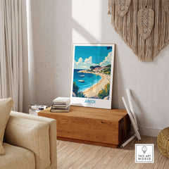 Arkoi Greece Travel Poster showcasing a picturesque beach scene in vibrant colors, perfect for home decor.