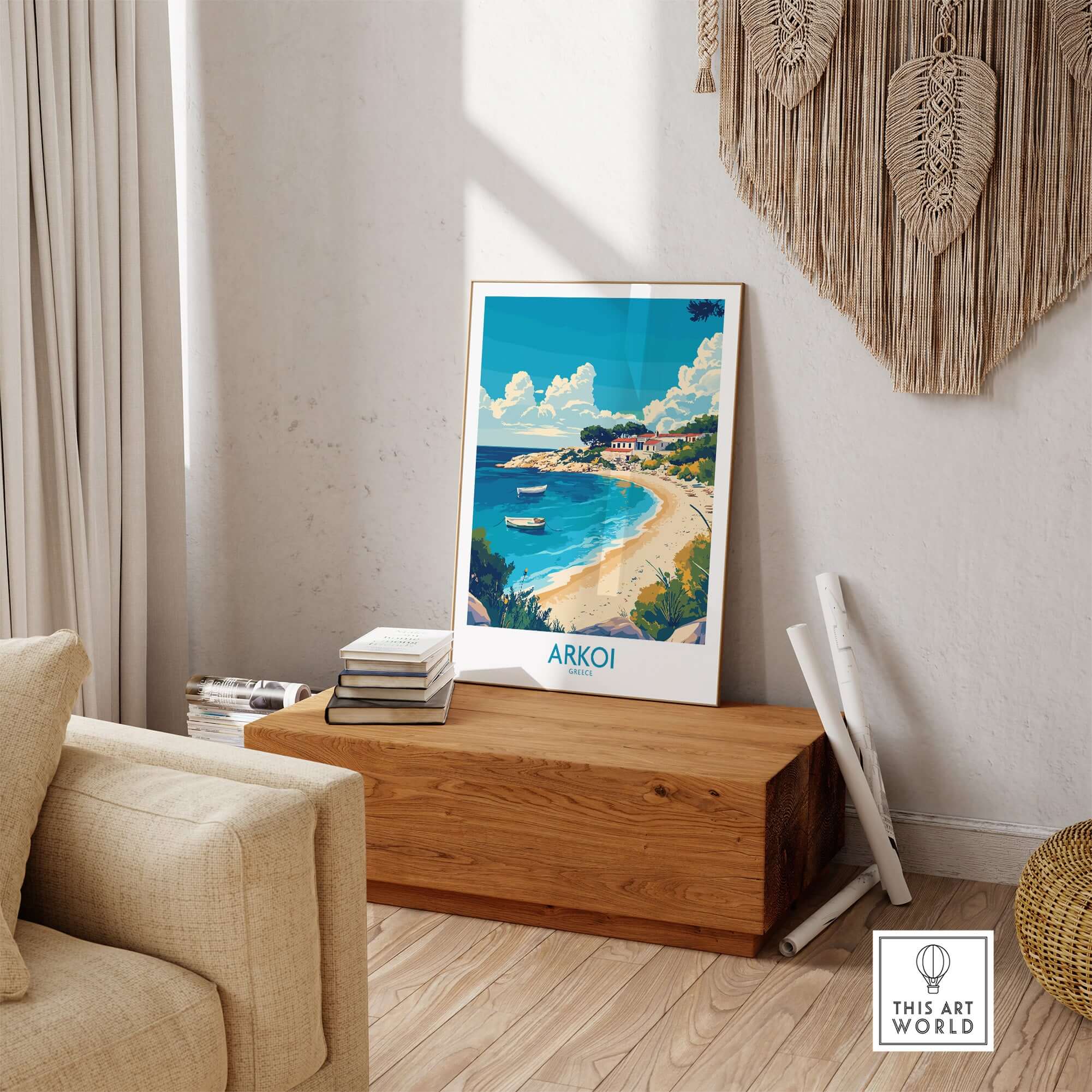 Arkoi Greece Travel Poster showcasing a picturesque beach scene in vibrant colors, perfect for home decor.