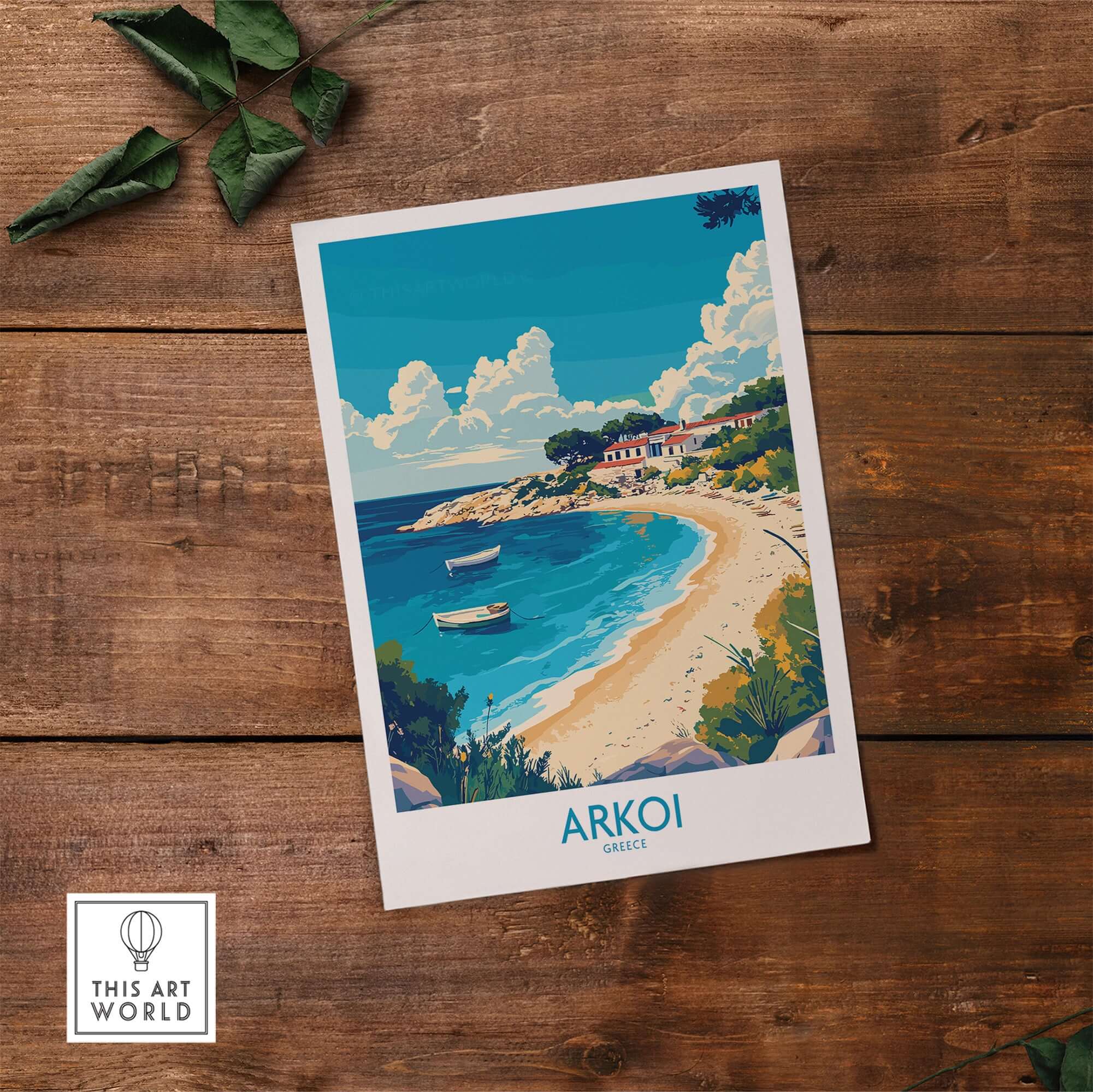 Arkoi Greece Travel Poster showcasing the stunning beach and vibrant colors of Arkoi island.