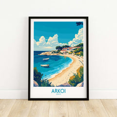 Arkoi Greece Travel Poster showcasing a beautiful beach scene with boats and vibrant colors.