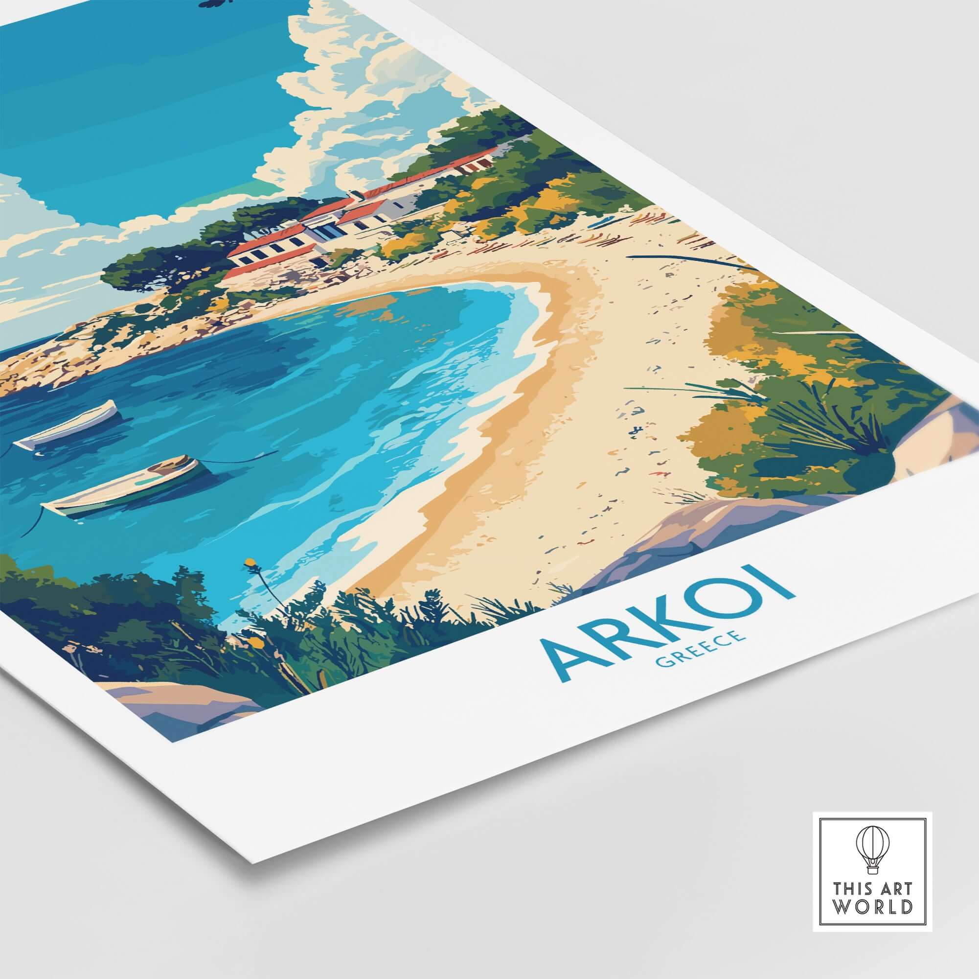Arkoi Greece Travel Poster showcasing a scenic beach view with boats and vibrant colors, ideal for home decor.