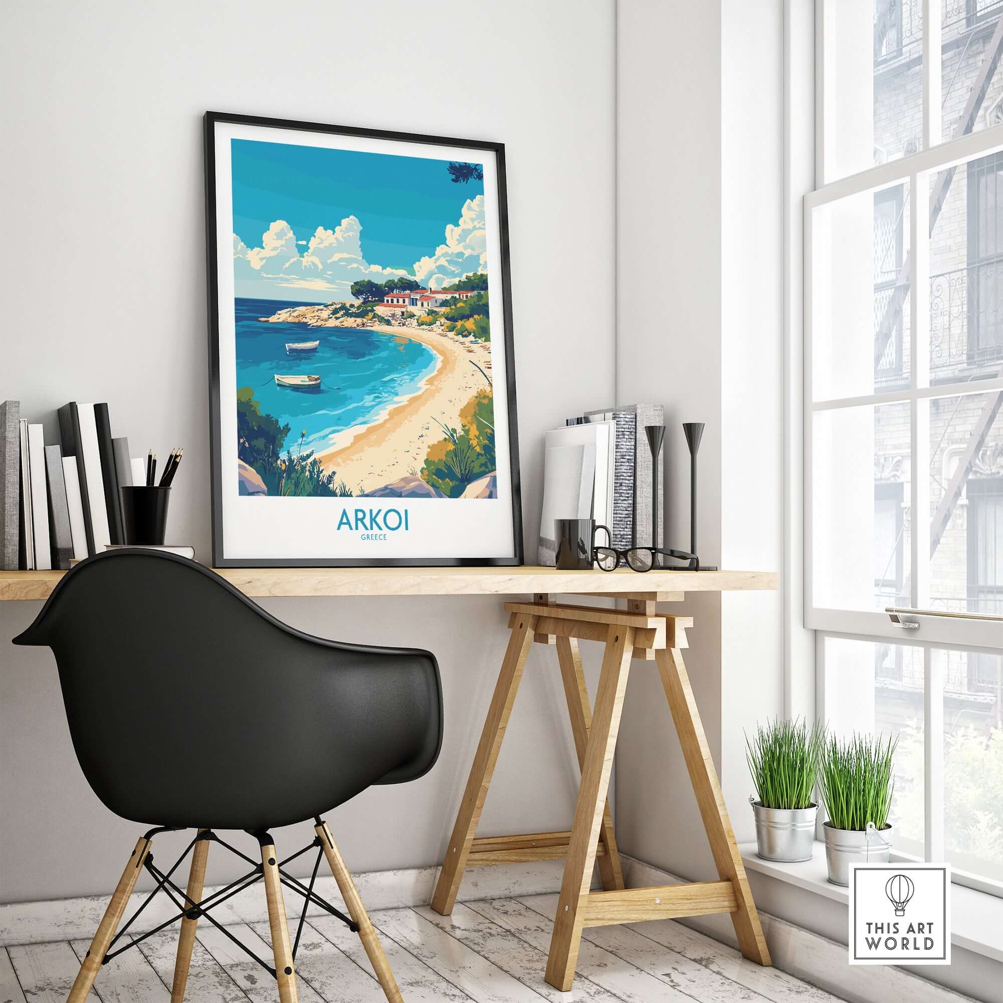 Arkoi Greece Travel Poster displayed in a modern workspace, showcasing the beauty of Arkoi's coastline.