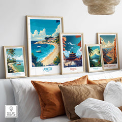 Arkoi Greece Travel Poster displayed among other travel posters on a stylish wall