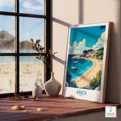 Arkoi Greece Travel Poster showcasing a beautiful beach scene and vibrant colors, perfect for home decor.