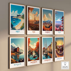 Arkoi Greece Travel Poster among other travel posters showcasing vibrant colors and scenic views of various cities.