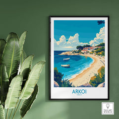 Arkoi Greece Travel Poster showcasing the beautiful beach and picturesque scenery of Arkoi island, Greece.