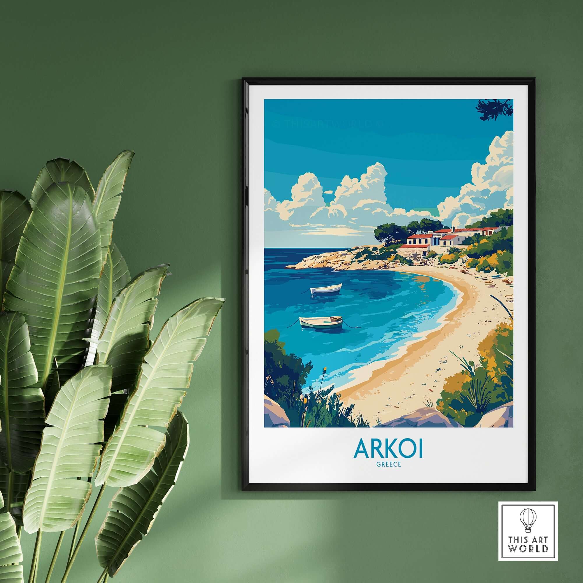 Arkoi Greece Travel Poster showcasing the beautiful beach and picturesque scenery of Arkoi island, Greece.