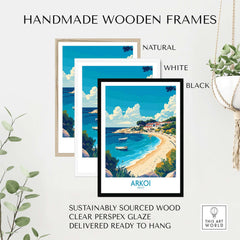 Arkoi Greece Travel Poster displayed in handmade wooden frames, natural, white, and black, showcasing vibrant island scenery.
