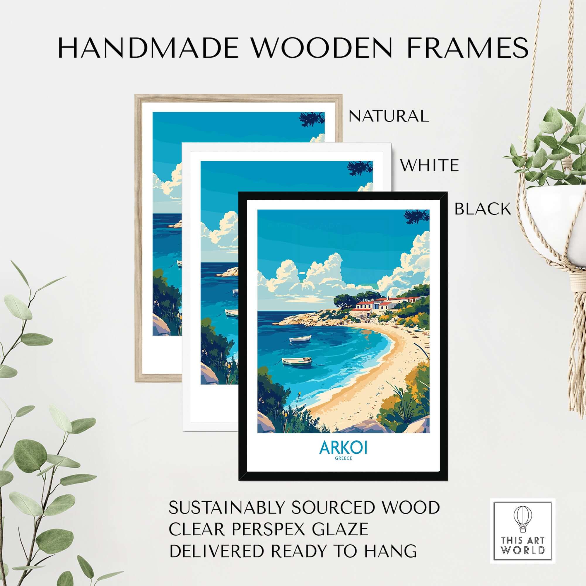 Arkoi Greece Travel Poster displayed in handmade wooden frames, natural, white, and black, showcasing vibrant island scenery.