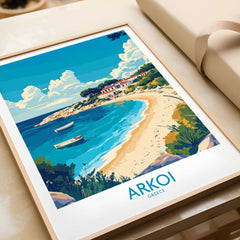 Arkoi Greece Travel Poster showcasing a vibrant coastal scene with boats and sandy beach, perfect for home decor.