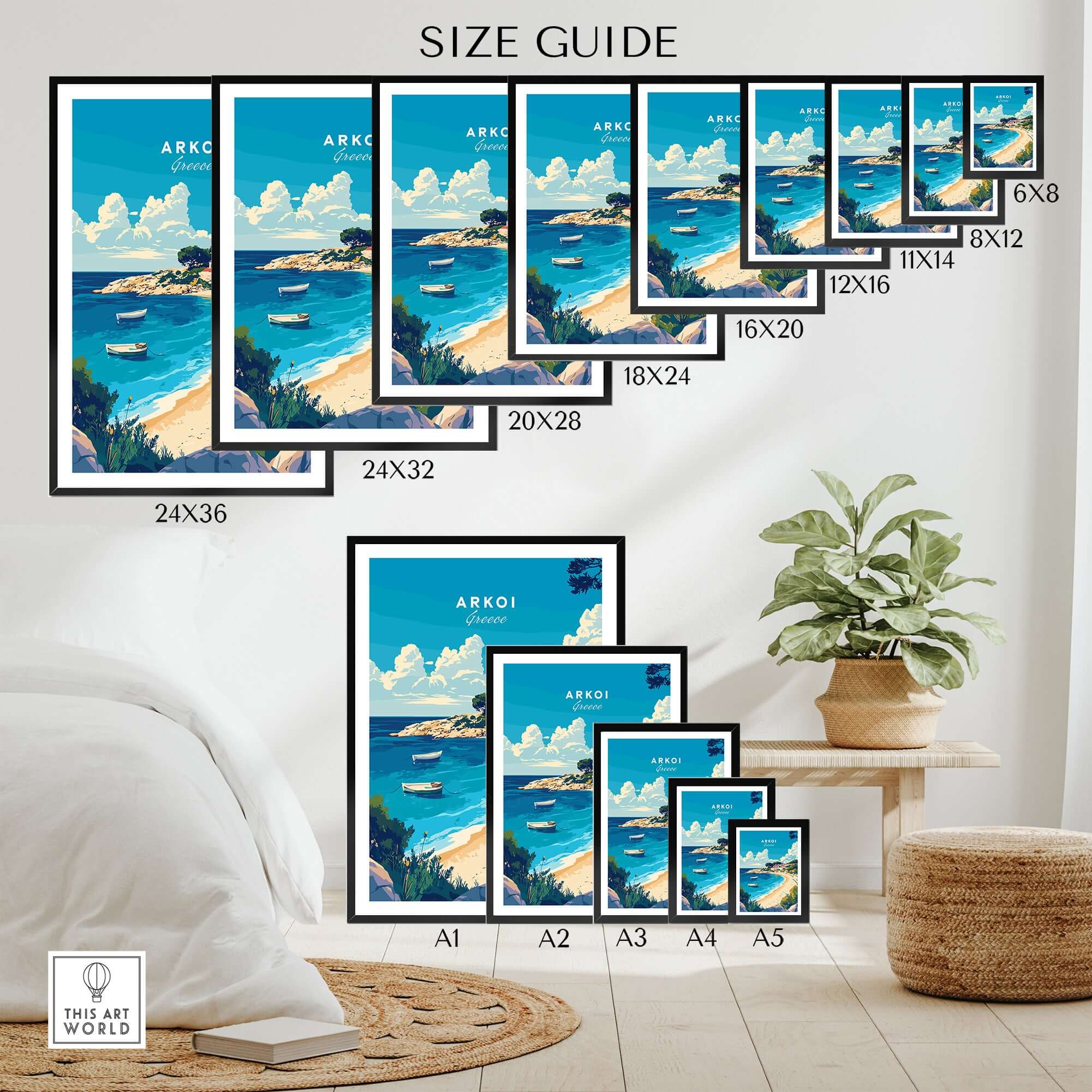 Arkoi Greece Travel Print size guide showcasing various frame sizes in a stylish interior setting.