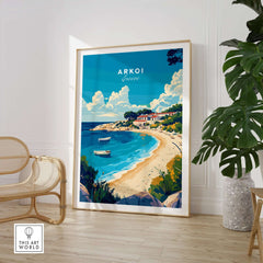 Arkoi Greece Travel Print showcasing the idyllic waters and village of Arkoi in Greece.