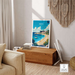Arkoi Greece Travel Print featuring a beautiful beach and village scene in a stylish interior setting.