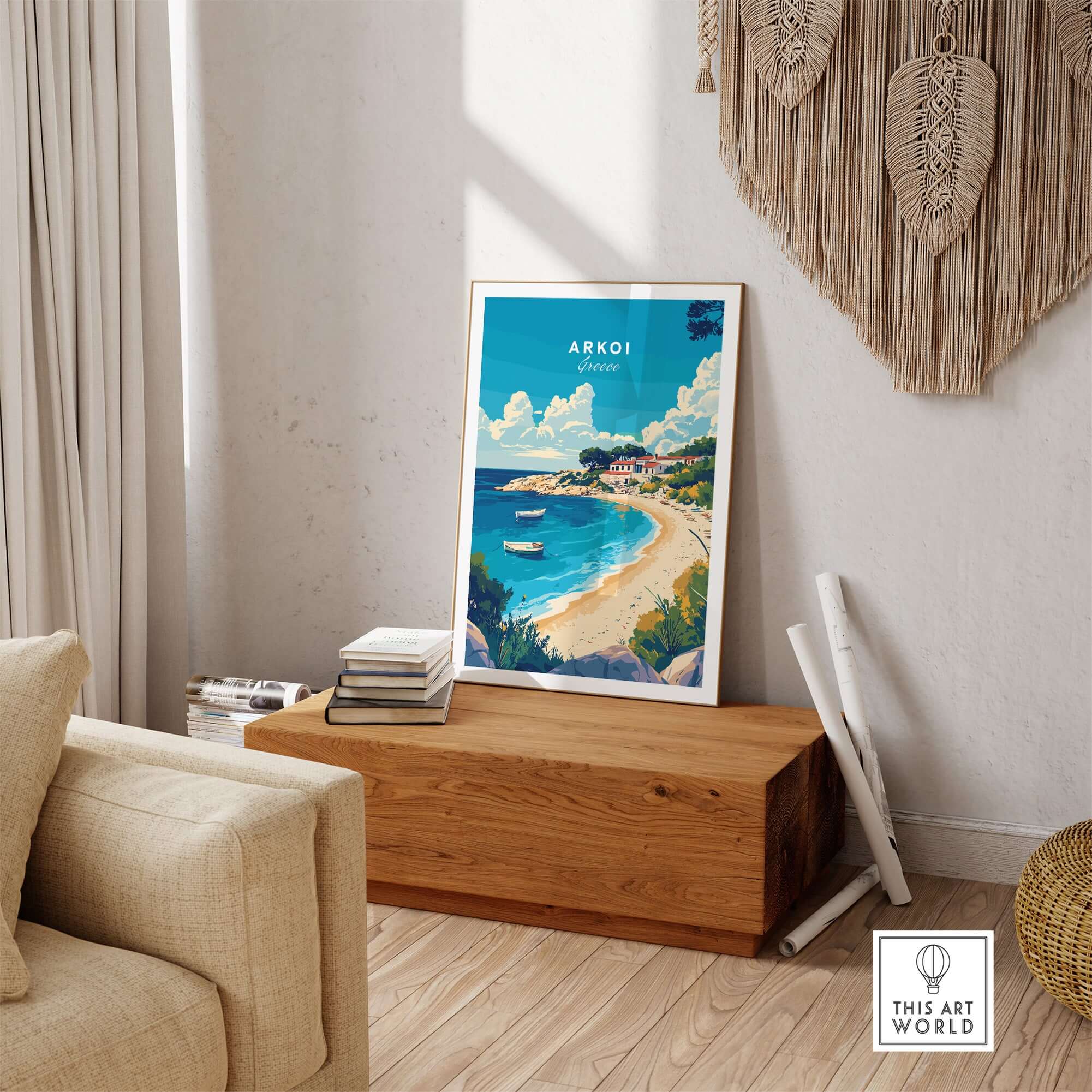Arkoi Greece Travel Print featuring a beautiful beach and village scene in a stylish interior setting.
