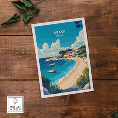 Arkoi Greece Travel Print showcasing the beautiful coastal village and clear waters of Arkoi in Greece.