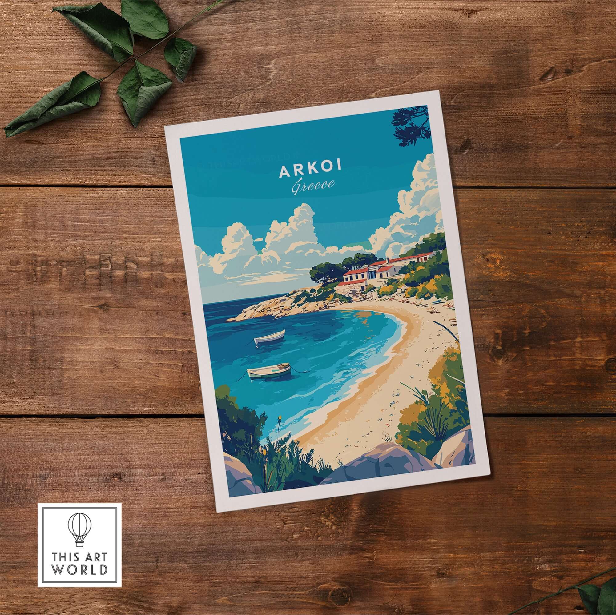 Arkoi Greece Travel Print showcasing the beautiful coastal village and clear waters of Arkoi in Greece.