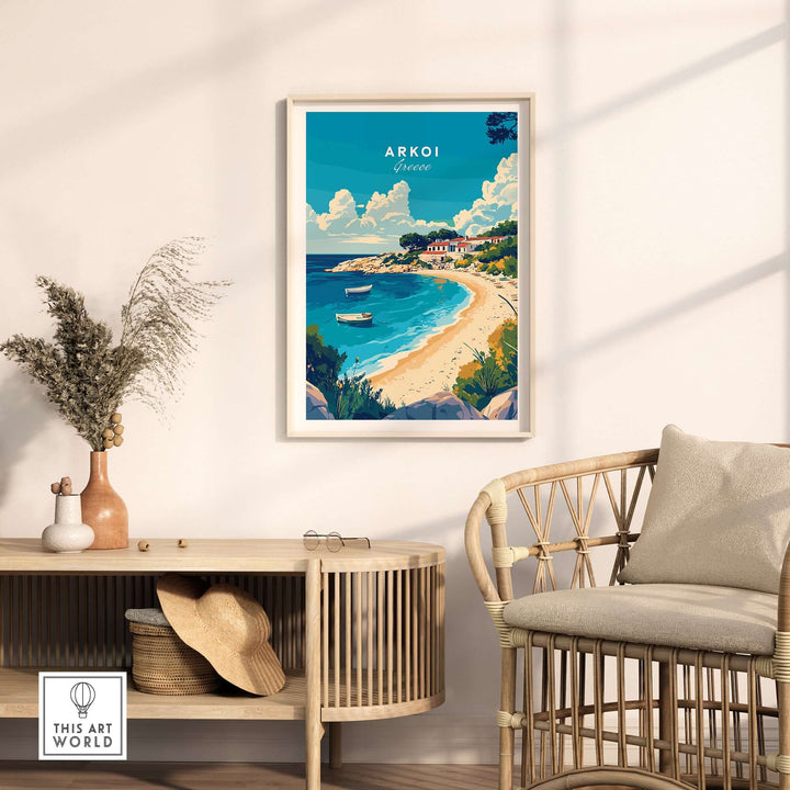 Arkoi Greece travel print displayed in a bright room, showcasing a scenic beach and village view.