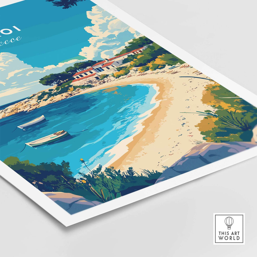 Arkoi Greece travel print featuring a beach, turquoise waters, and boats, capturing the charm of the idyllic village.