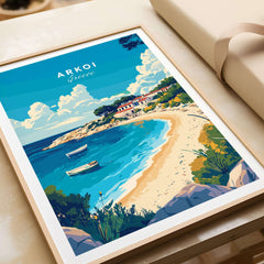 Arkoi Greece Travel Print showcasing the idyllic village, crystal-clear waters, and stunning scenery of Arkoi.