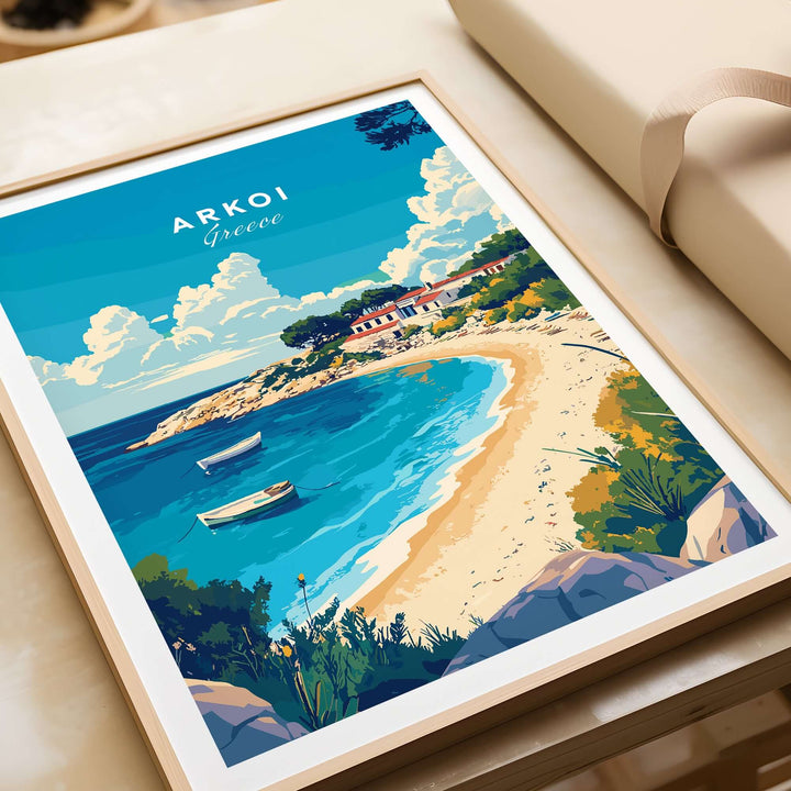 Arkoi Greece travel print showcasing a picturesque beach, boats, and the village landscape in vibrant colors.