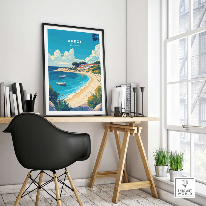 Arkoi Greece travel print showcasing a beach and village scene, ideal for home decor and art lovers.