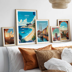 Beautiful framed Arkoi Greece Travel Print displayed in a cozy living room setting with other travel prints.