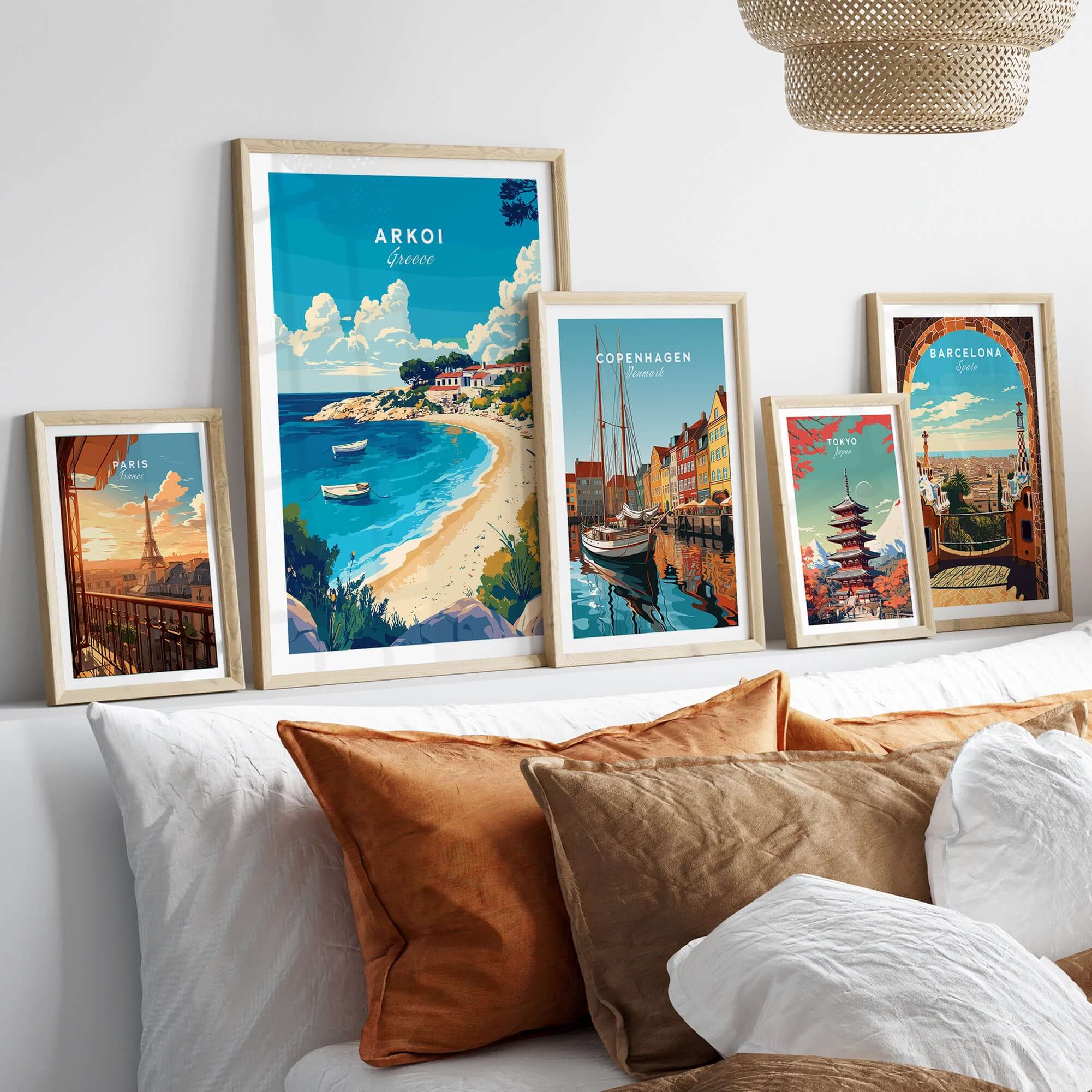 Beautiful framed Arkoi Greece Travel Print displayed in a cozy living room setting with other travel prints.