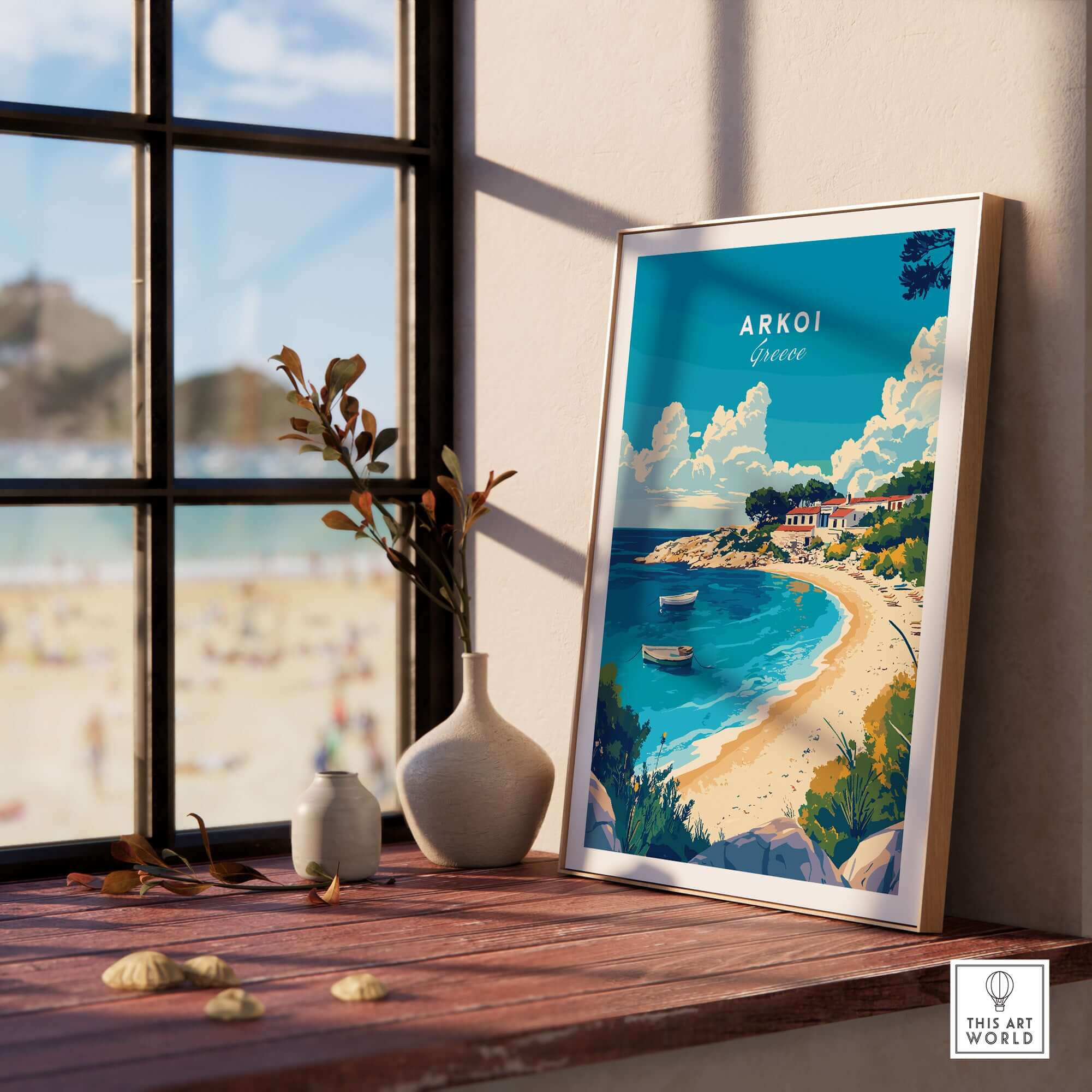 Arkoi Greece Travel Print showcasing idyllic village and beach view in a cozy home setting.
