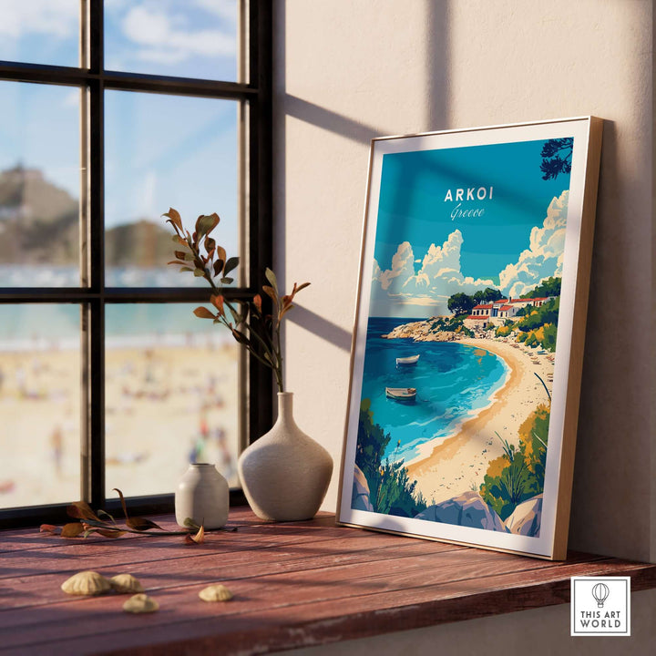 Arkoi Greece travel print showcasing the idyllic village and crystal-clear waters, framed in a sunlit room.