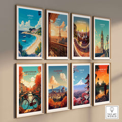 Arkoi Greece Travel Print and other city travel posters beautifully framed on a wall.
