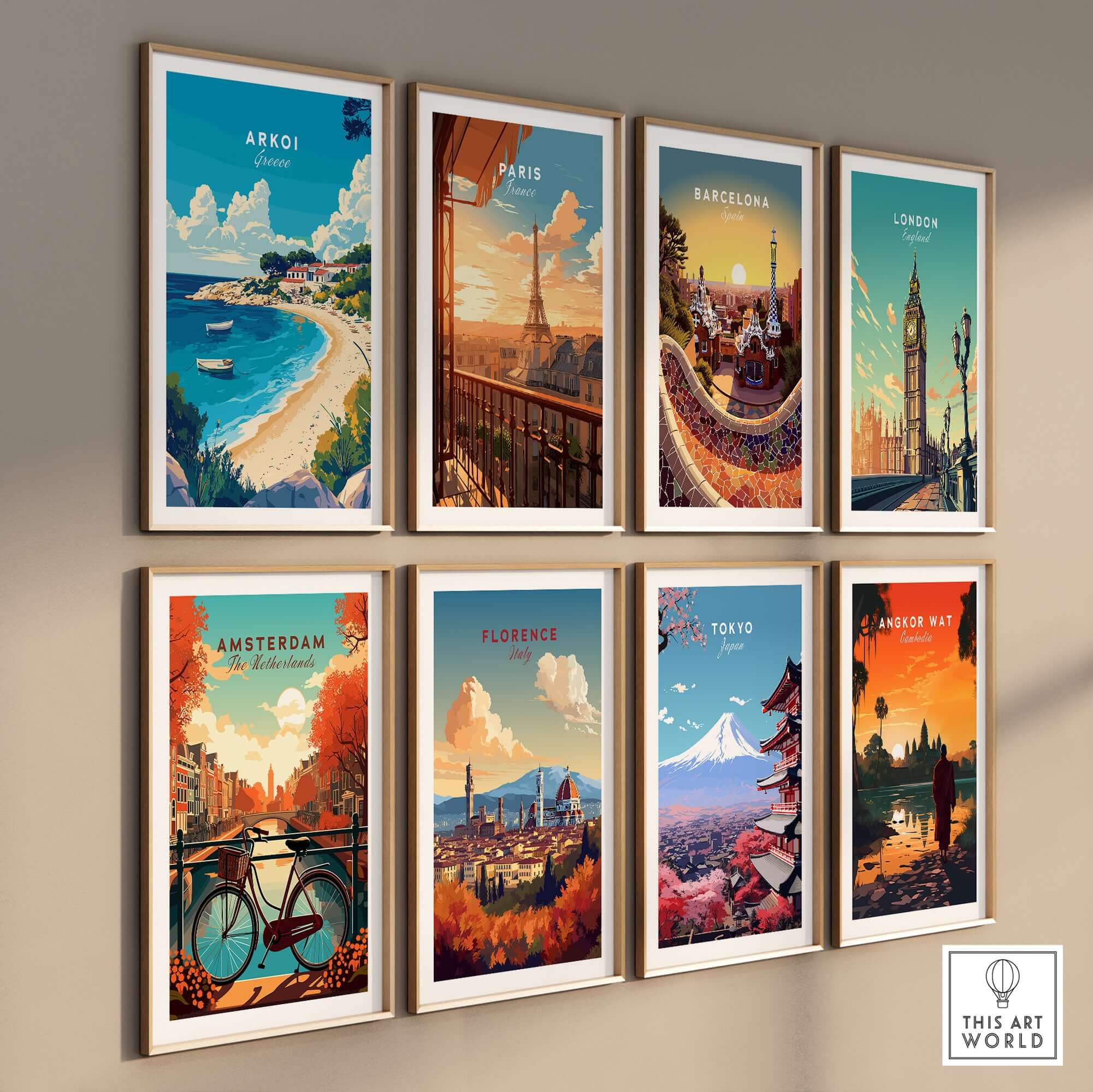 Arkoi Greece Travel Print and other city travel posters beautifully framed on a wall.