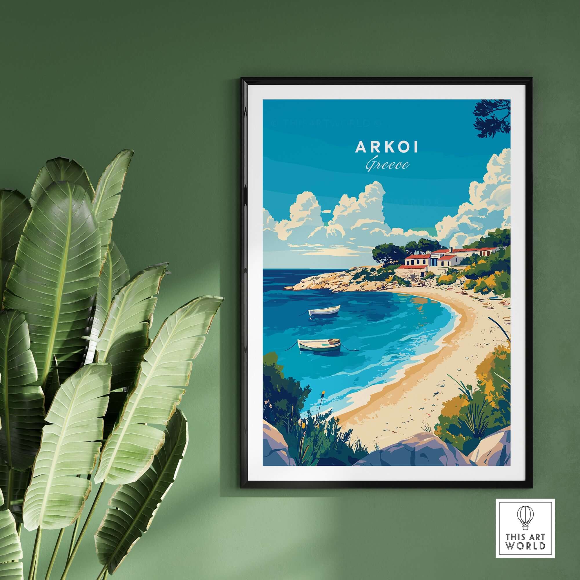 Arkoi Greece Travel Print featuring a scenic view of Arkoi, Greece with beach and boats on a vibrant blue sky.