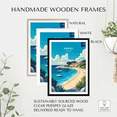 Arkoi Greece Travel Print in handmade wooden frames, showcasing natural, white, and black options for display.