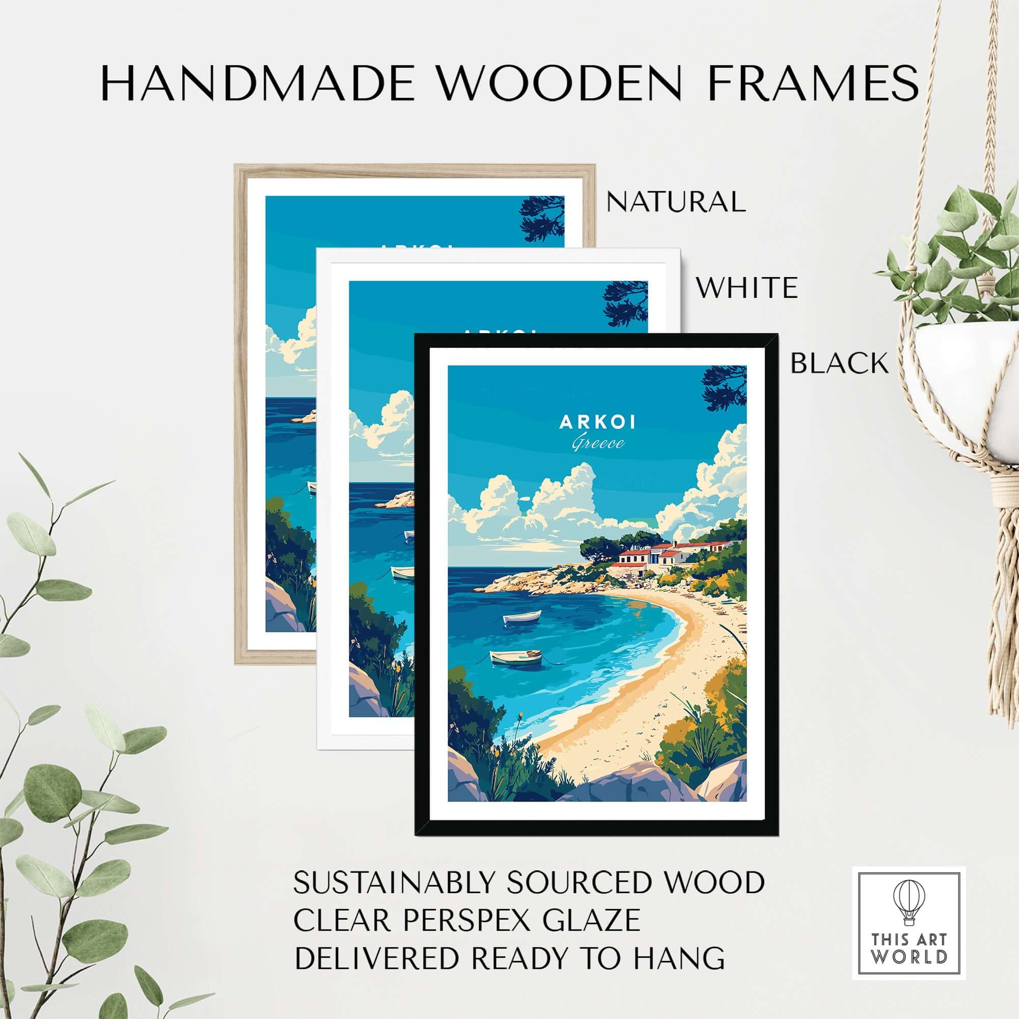 Arkoi Greece Travel Print in handmade wooden frames, showcasing natural, white, and black options for display.