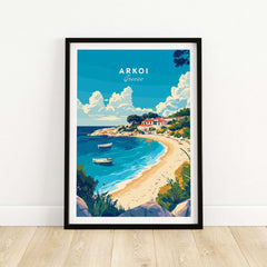 Arkoi Greece Travel Print showcasing a beautiful beach, clear waters, and charming village scenery.